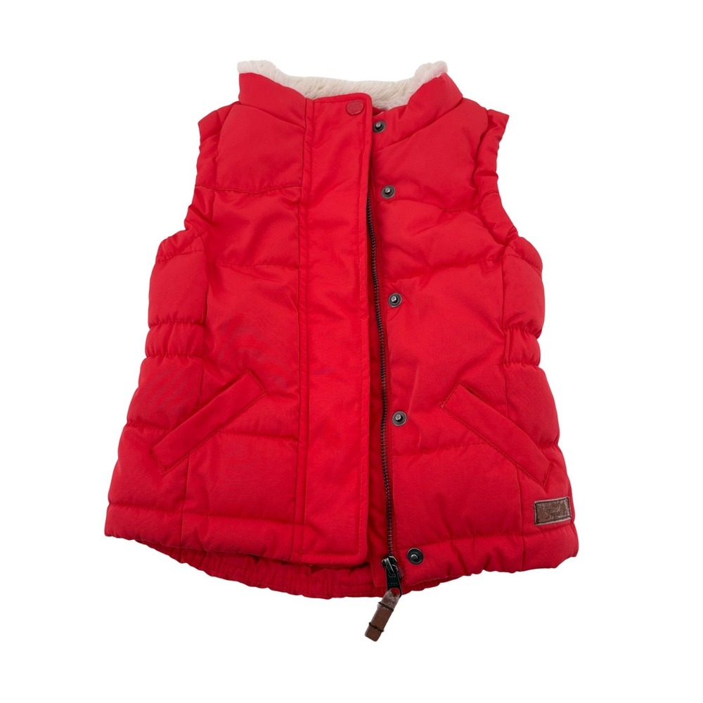 H&M LOGG Kids Red Puffer Vest Faux Fur Collar Quilted Snap Button Zip Size 3-4Y